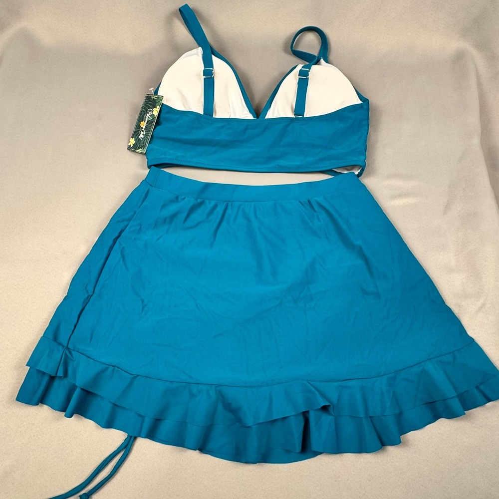 Blooming Jelly Teal Blue Bikini Set with Ruched Ruffle Swim Skirt Size L New - Picture 5 of 9